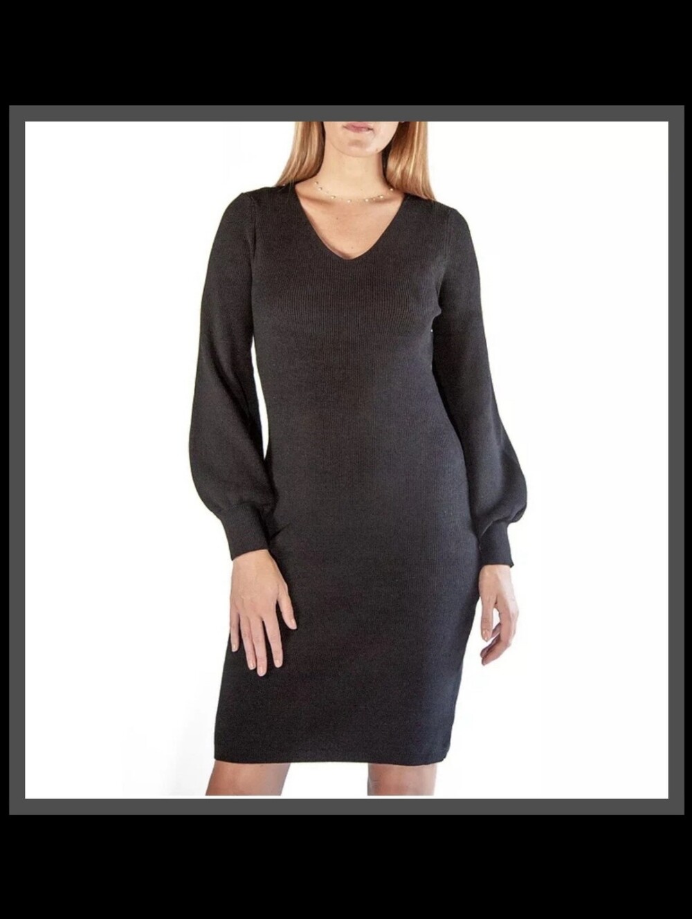 NINA LEONARD V-NECK BALLOON SLEEVE SWEATER DRESS